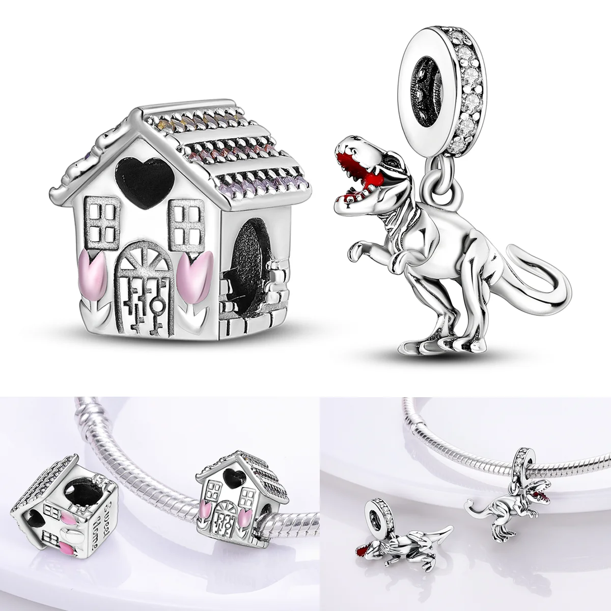 Haus-Charms aus 925er-Sterlingsilber, Perle mit CZ-Zirkon, Tyrannosaurus, baumelnd, passend für Original-Armbänder, DIY-Frauen-Schmuck, Geschenk