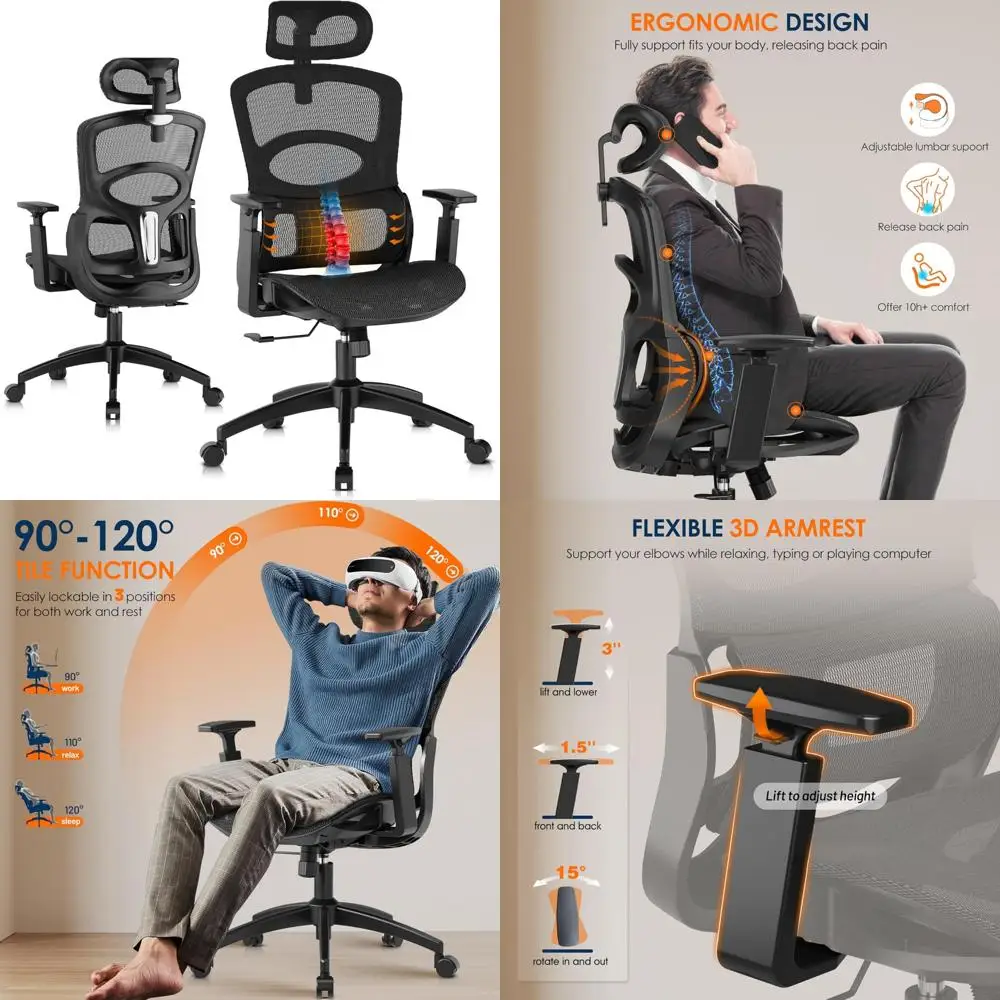 GABRYLLY Ergonomic Office Chair, High-Back Desk Chairs with Adjustable Lumbar Support, Headrest, Tilt Function, Soft Wide Seat a