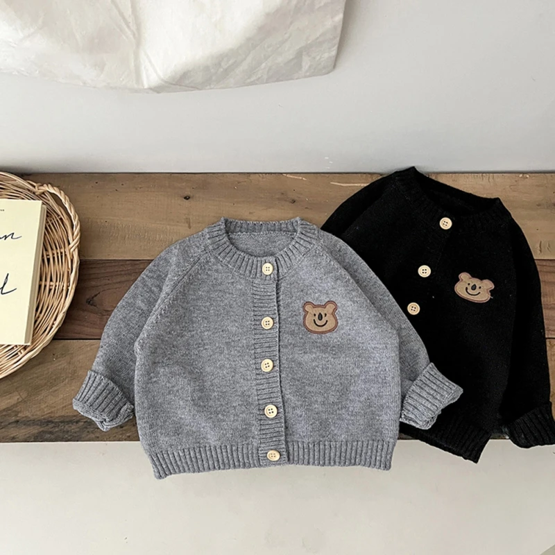 Cardigan en tricot ours mignon pour enfants, pull boutonné, manches longues, solide, document, bébé, filles, garçons, automne, hiver, Y-1-7Y