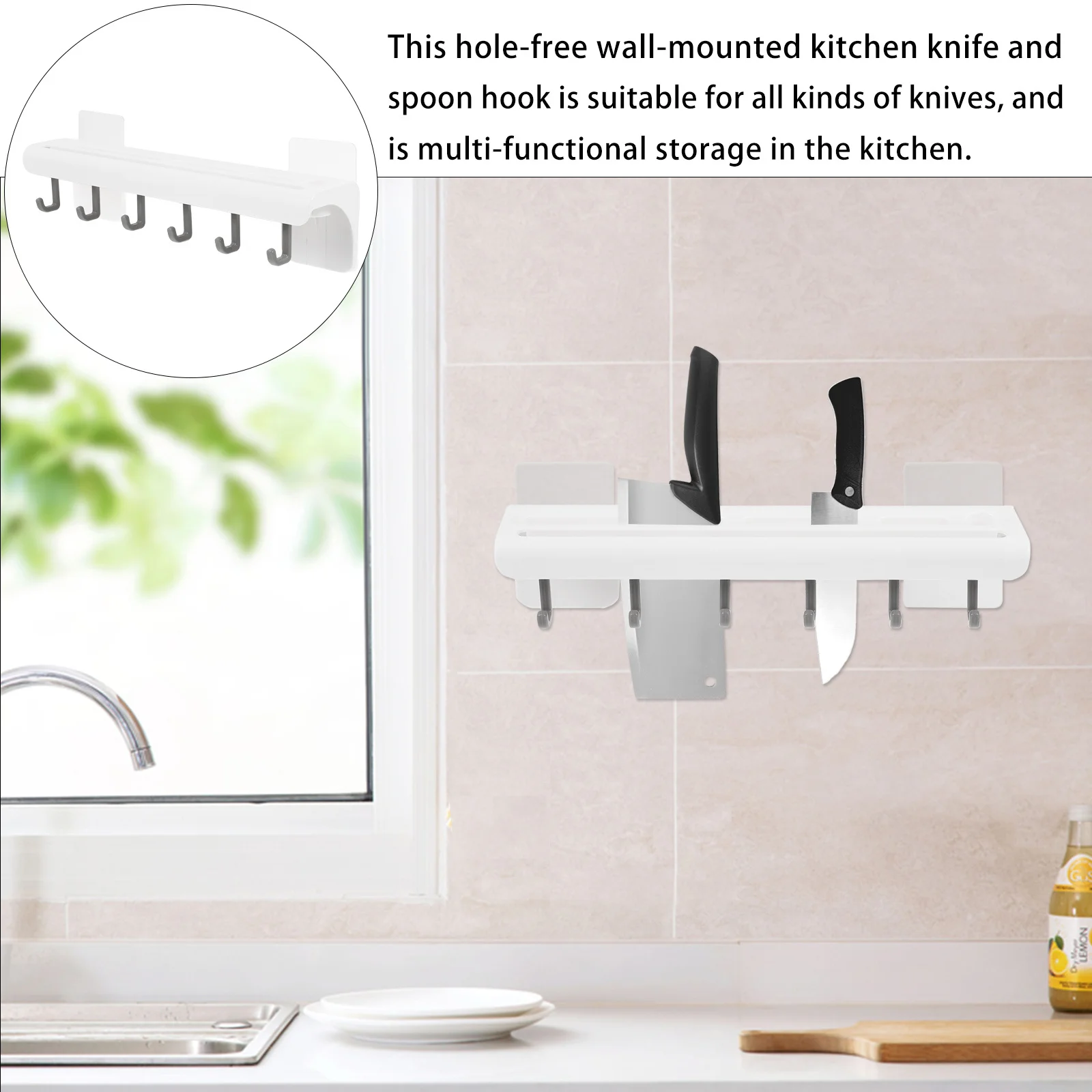 

Kitchen Utensil Rack Wall Mounted 6 Hooks 3 Knives Holder Rail Damage Hanging Utensil Holder Storage Mug Hooks