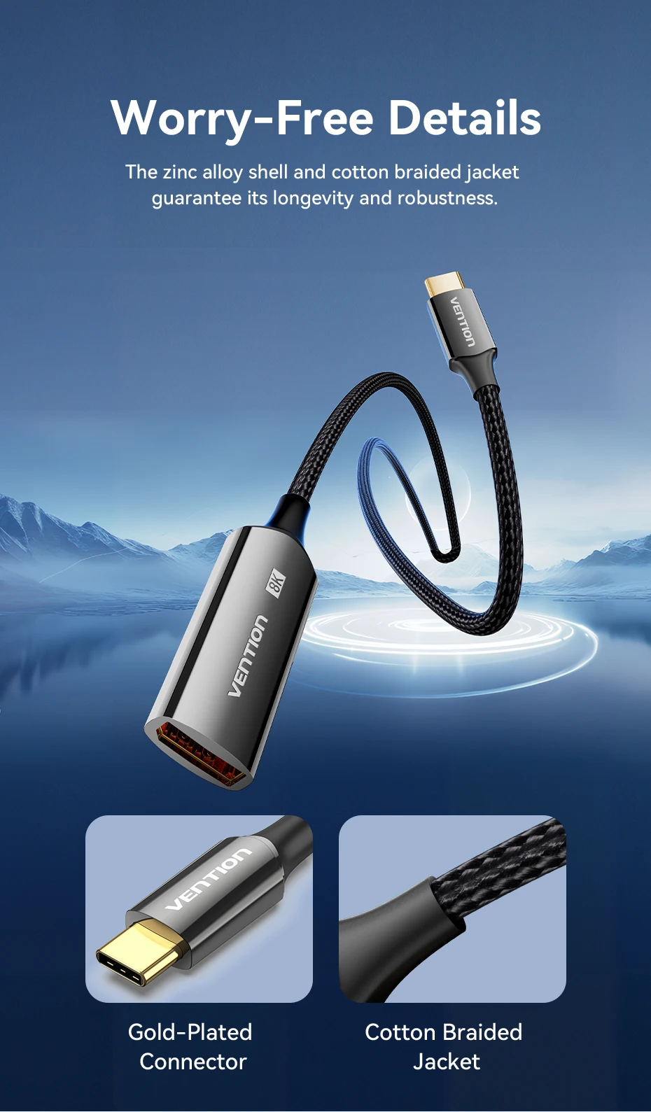 Vention 8K USB C auf DisplayPort-Kabel, USB-Typ-C-Stecker auf DP-Buchse, Adapter für Telefon, Tablet, Laptop, Monitor, bidirektionales USB-C – Detail 8