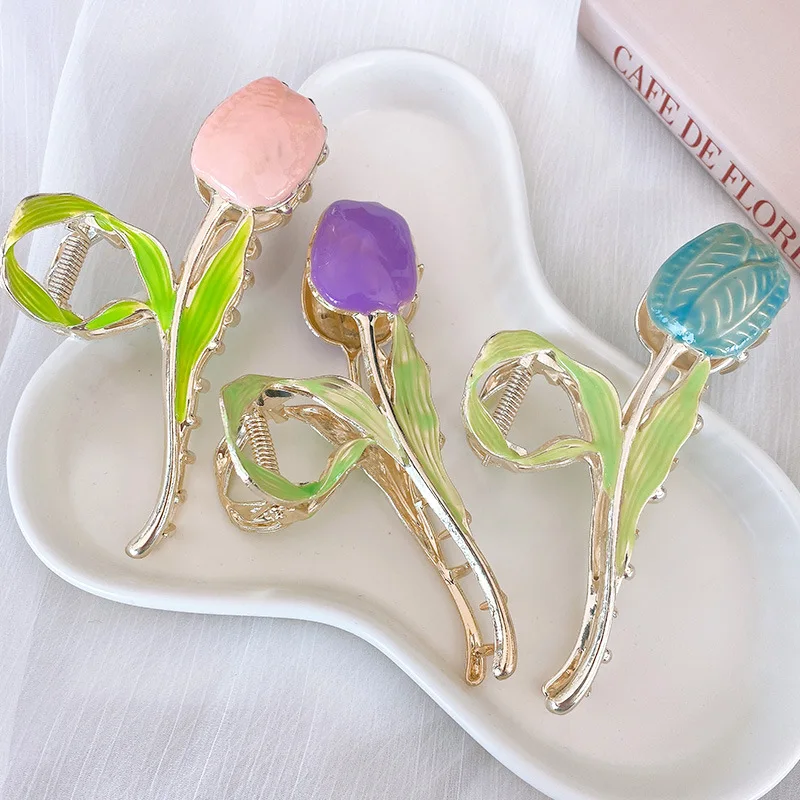 Ins fairy tulip hair clip back spoon hair clip summer shark clip large women\'s trendy plant simple hair accessories