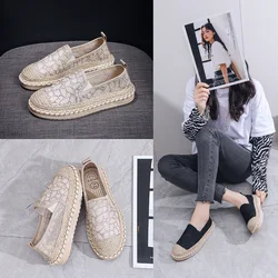 Casual Woman Shoe Espadrilles Platform Shallow Mouth Round Toe Loafers With Fur Slip-on Flax Slip On Linen Summer Microfiber Bon