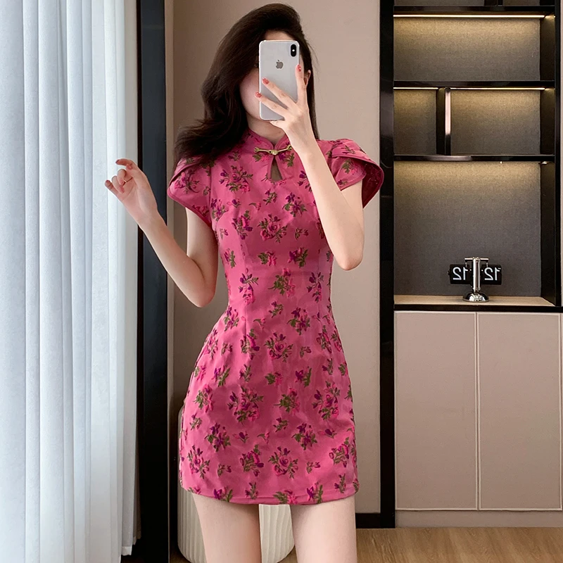 New Fashion Modern Trend Flower Cheongsam Dress For Women Summer Jacquard Short Sleeve Qipao Traditional Chinese Clothing