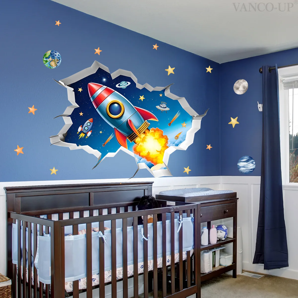 Autocollant mural cassé planètes de fusée d'univers 3D, papier peint planète spatiale cosmique pour chambre d'enfants, décoration murale de chambre de garçon