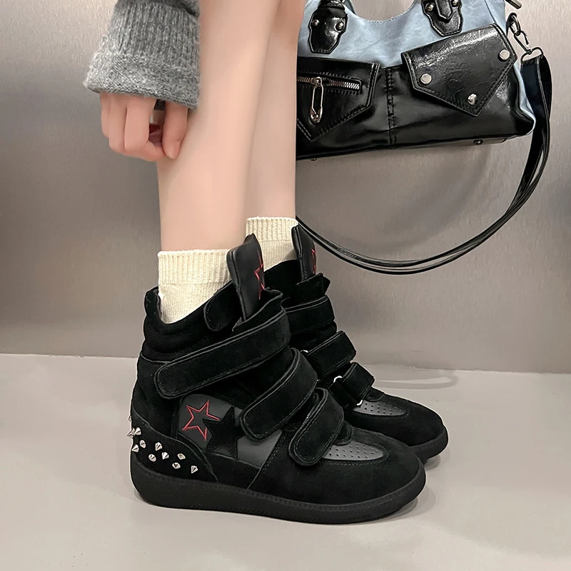 

Leather High Top Women's Sneakers Hook&Loop Rivet Casual Sports Shoes Inner Heightening 6CM Fall New Style round Toe Rubber Sole