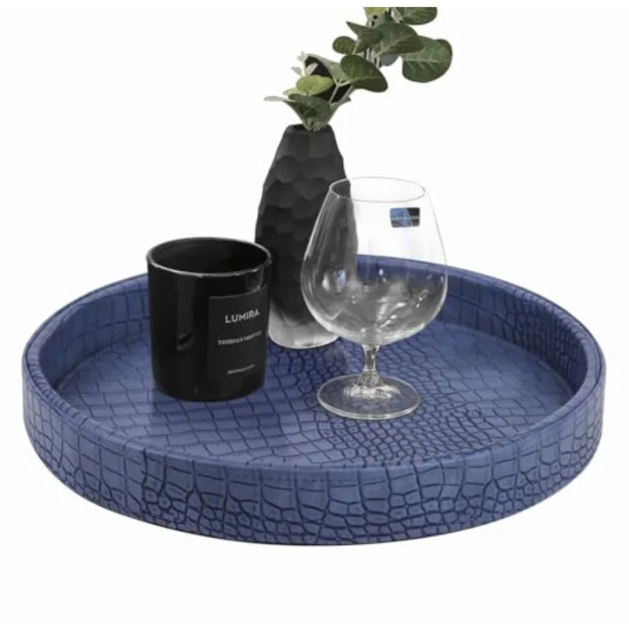Bandeja Redonda de Piel Sintética Vegana con Diseño de Cocodrilo, Bandeja Decorativa para Servir Comida, Bebidas, Aperitivos y Cosméticos, Diámetro 12'' x