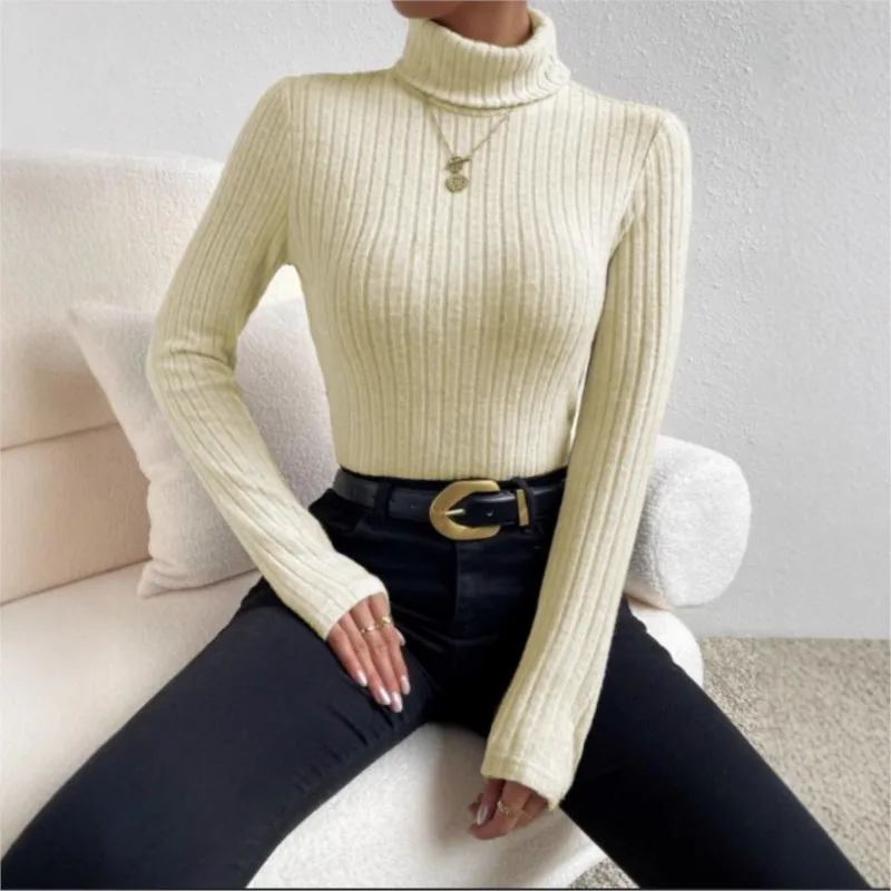 

Осень-зима, тонкий вязаный пуловер с длинными рукавами, топ, женская сексуальная текстурированная футболка в полоску, новые топы с высоким воротом, повседневная женская одежда