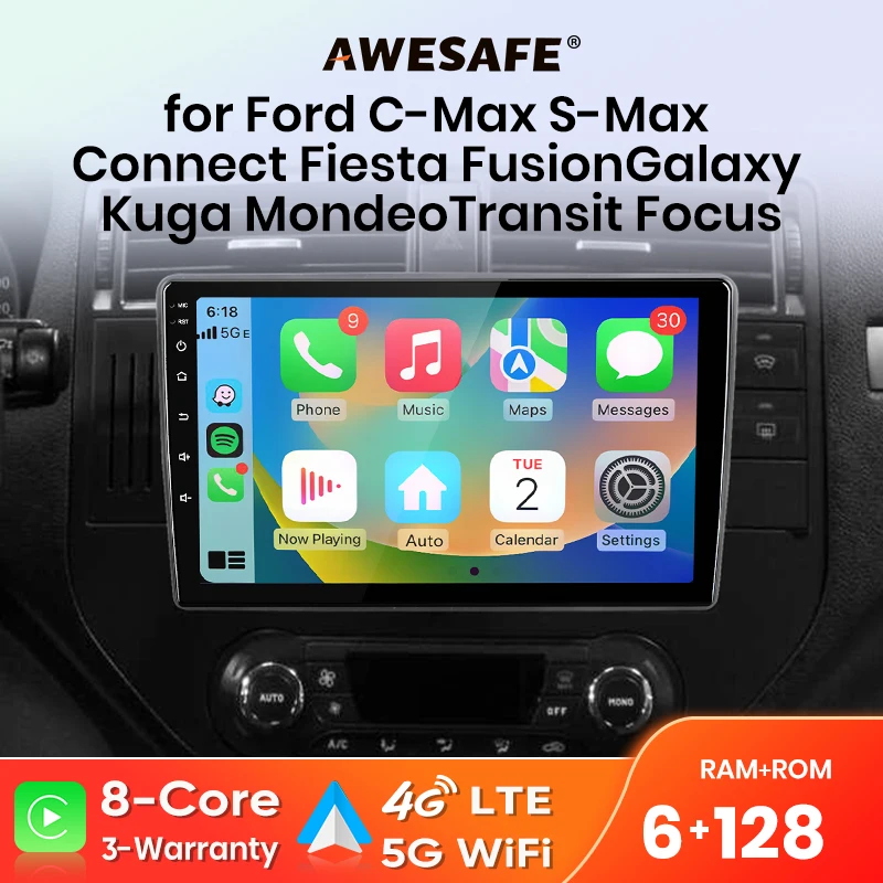 Autoradio sans fil AWESAFE CarPlay Android Auto pour Ford Focus Transit Fiesta C S Max Galaxy Plug & Play FM BT DSP 4G GPS Multimédia