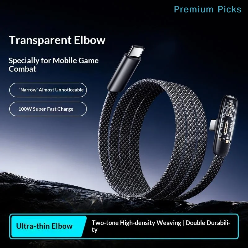 60W High-speed Right Angle USB Type C To C Cables Quick Charging Data Line Flat Nylon Braided 90 Degree Elbow USB-C Wire Cord