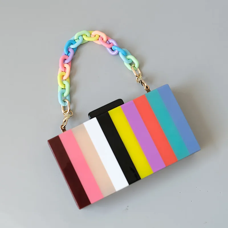 

New Trendy Bags Fashion Women Handbags Candy Rainbow Striped Acrylic Luxury Party Prom Evening Bag Woman Casual Wedding Box Clut