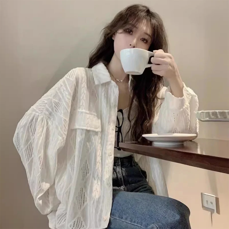 

Personality Hollow Out Shirts Women Spring Autumn Geometrical Pattern Chic Design Thin Tops Loose Niche Design Solid Color Shirt