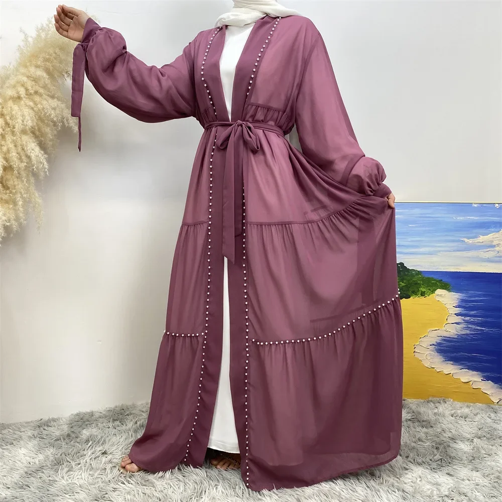 Árabe turquia médio oriente feminino solto aberto cardigan robe moda elegância cor sólida frisado muçulmano rendas chiffon cardigan robe