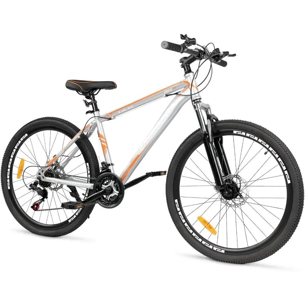 

Hardtail mountain bike with 21-speed drivetrain, mountain bike with front suspension, wider frame with dual disc brakes