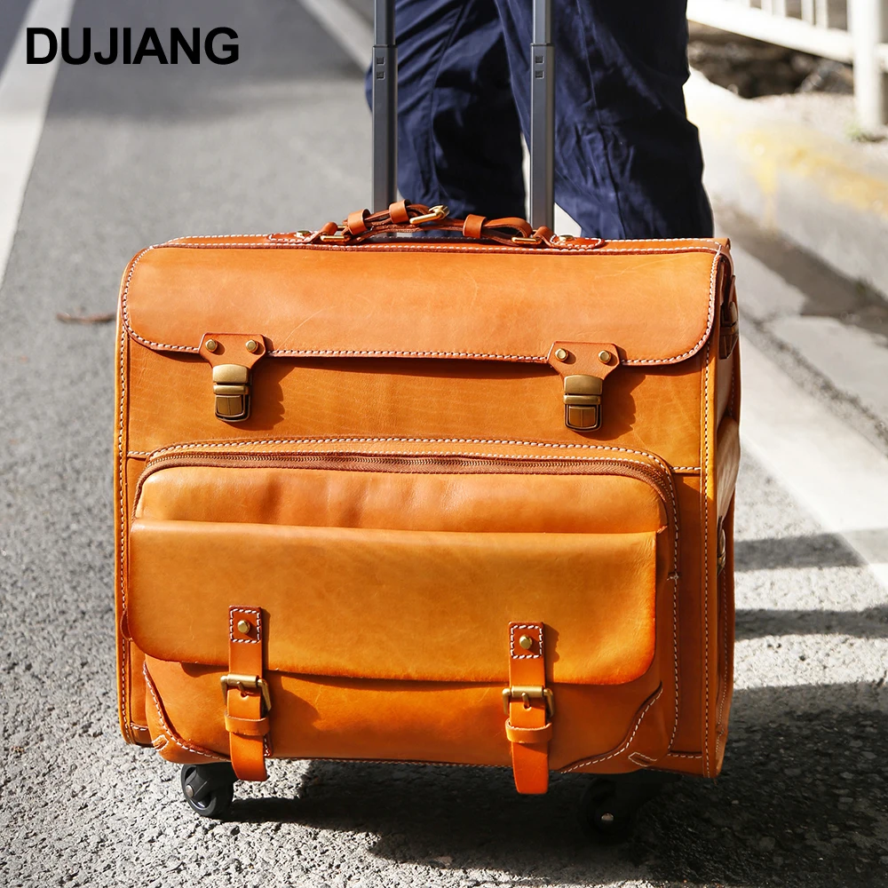 Luxury Travel Suitcase Trolley Bag Luggage 4 Wheels Carry On Vintage Cowhide Leather Overnight Rolling Luggage Bags