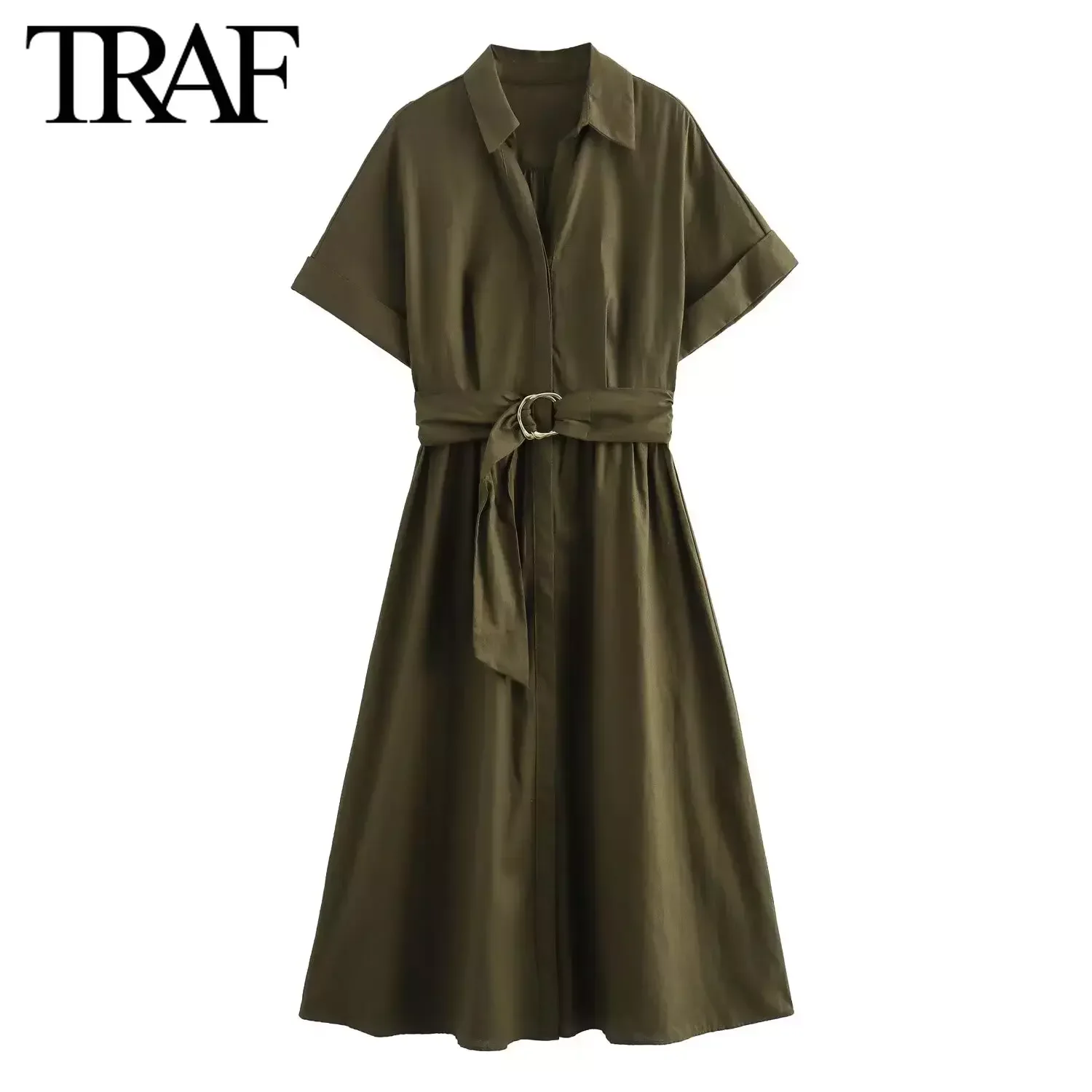 TRAF Women Fashion Summer New Linen Blend Short Sleeve Lapel Belt Pleated Shirt Dresses France Chic Female Evening Clothing