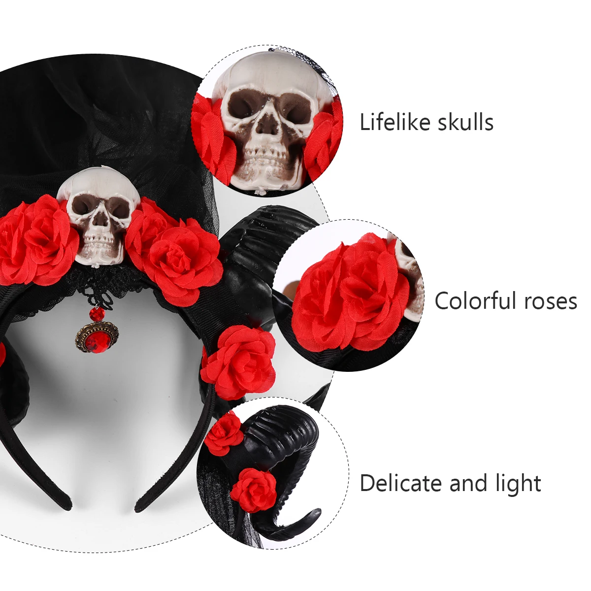 

Gothic Rose Skull Headdress Halloween Accessories Skull Horn Hair Band Lightweight Veil Headband For Party Festival Cosplay Horn