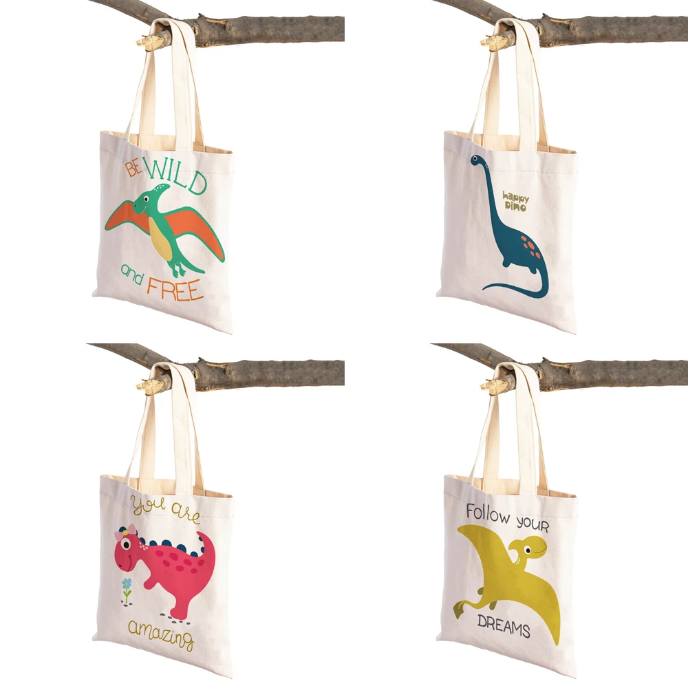 Fashion Jurassic Dinosaur Women Shopping Bag Both Sided Reusable Cute Cartoon Animal Canvas Lady Shoulder Tote for Children