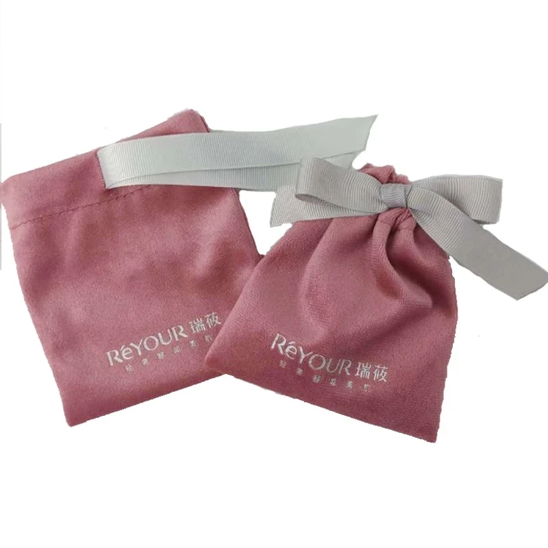 Pink Velvet Gift Bags Jewelry Logo Ribbon Sack 8x10cm (3x4inch) 10x12cm((4x4.7inch) Eyelashes Makeup Drawstring Pouches