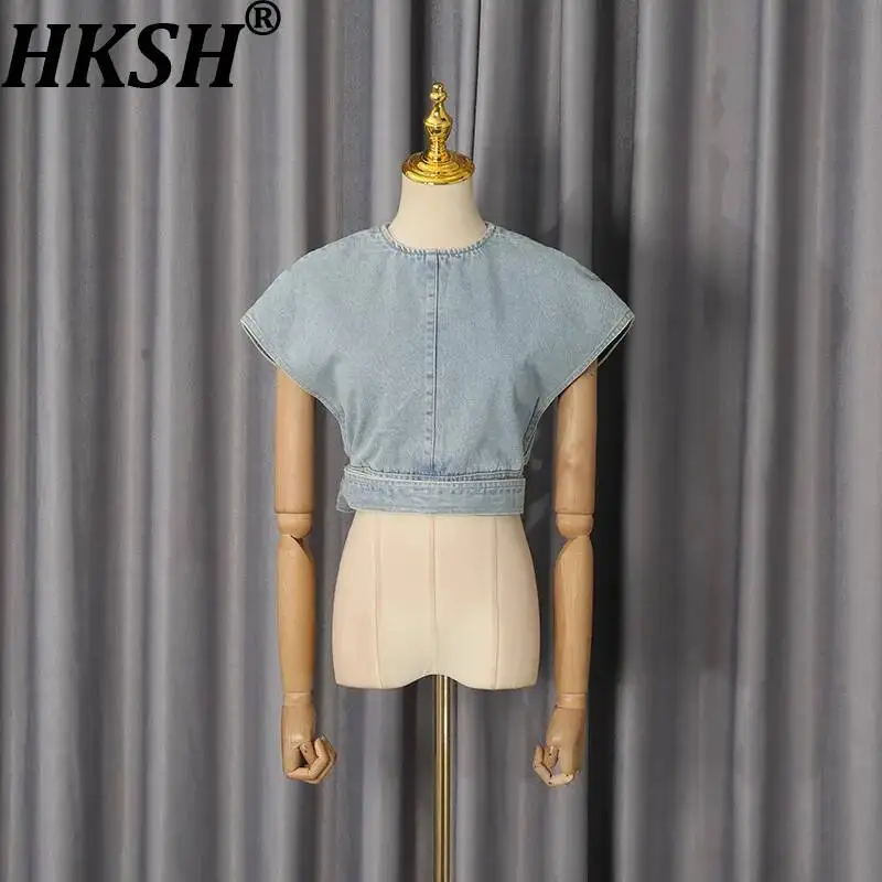 HKSH Women T-shirt Elegant Fashion Casual Loose Versatile O-Neck Design Lace-Up Niche Trendy Short Top Spring Summer New HK25548