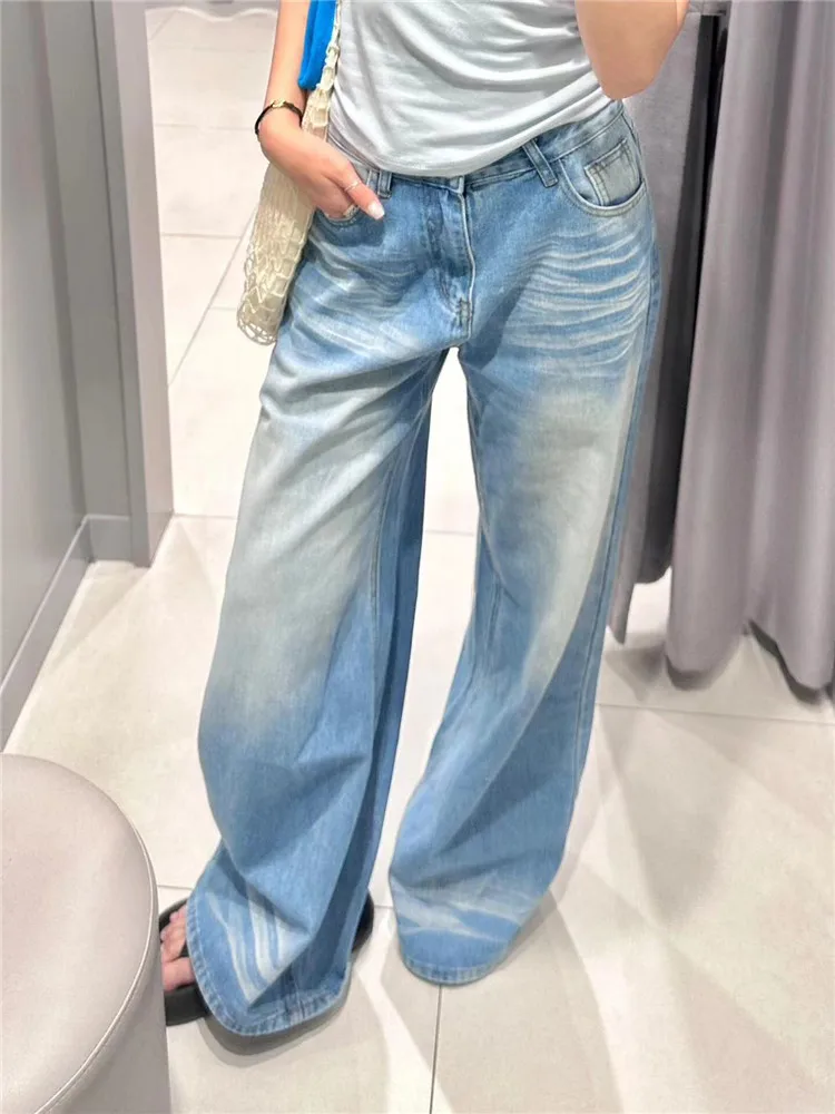 

American Retro Light Blue Wide Leg Jeans Women High Waist Slimming Washed Long Straight Floor-Length Pants Summer Casual