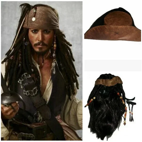 Captain Jack Sparrow Cosplay Hat Mens Pirates Wig Caribbean Halloween Character Accessories