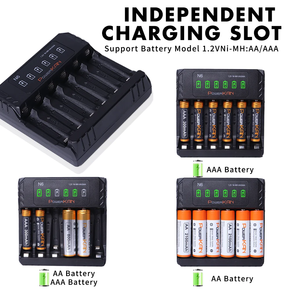 POWERKAN N6 Battery charger for 1.2V Ni-MH AA AAA No.5 No.7 batteries charge 1~6 batteries at the same time, type C 2A