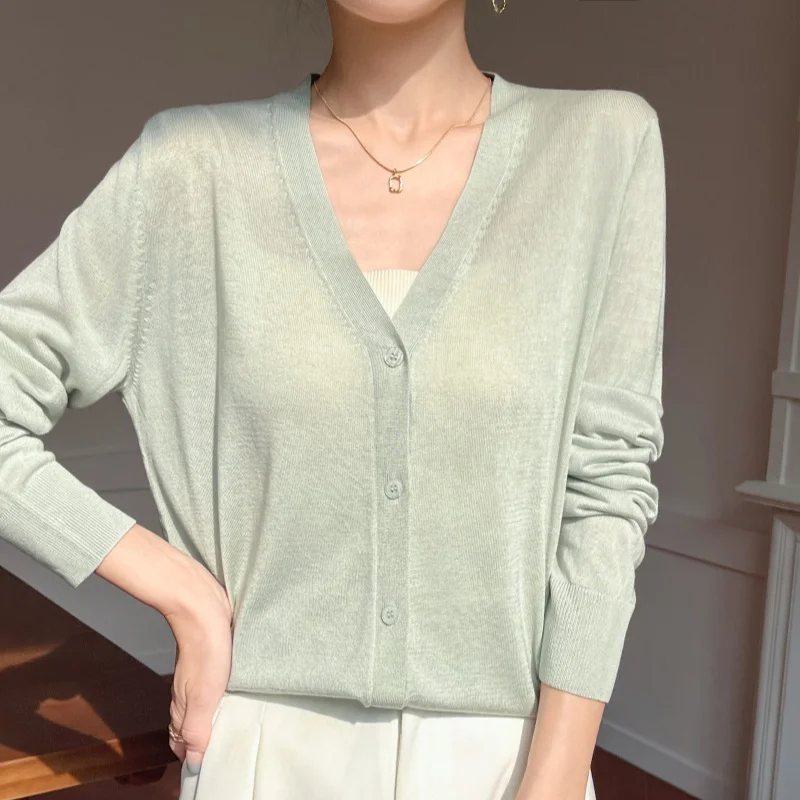 

2025 Spring/Summer New Sunscreen Women's Knitted Cardigan Loose and Thin, High end V-neck Long sleeved Knitted Sweater Cardigan