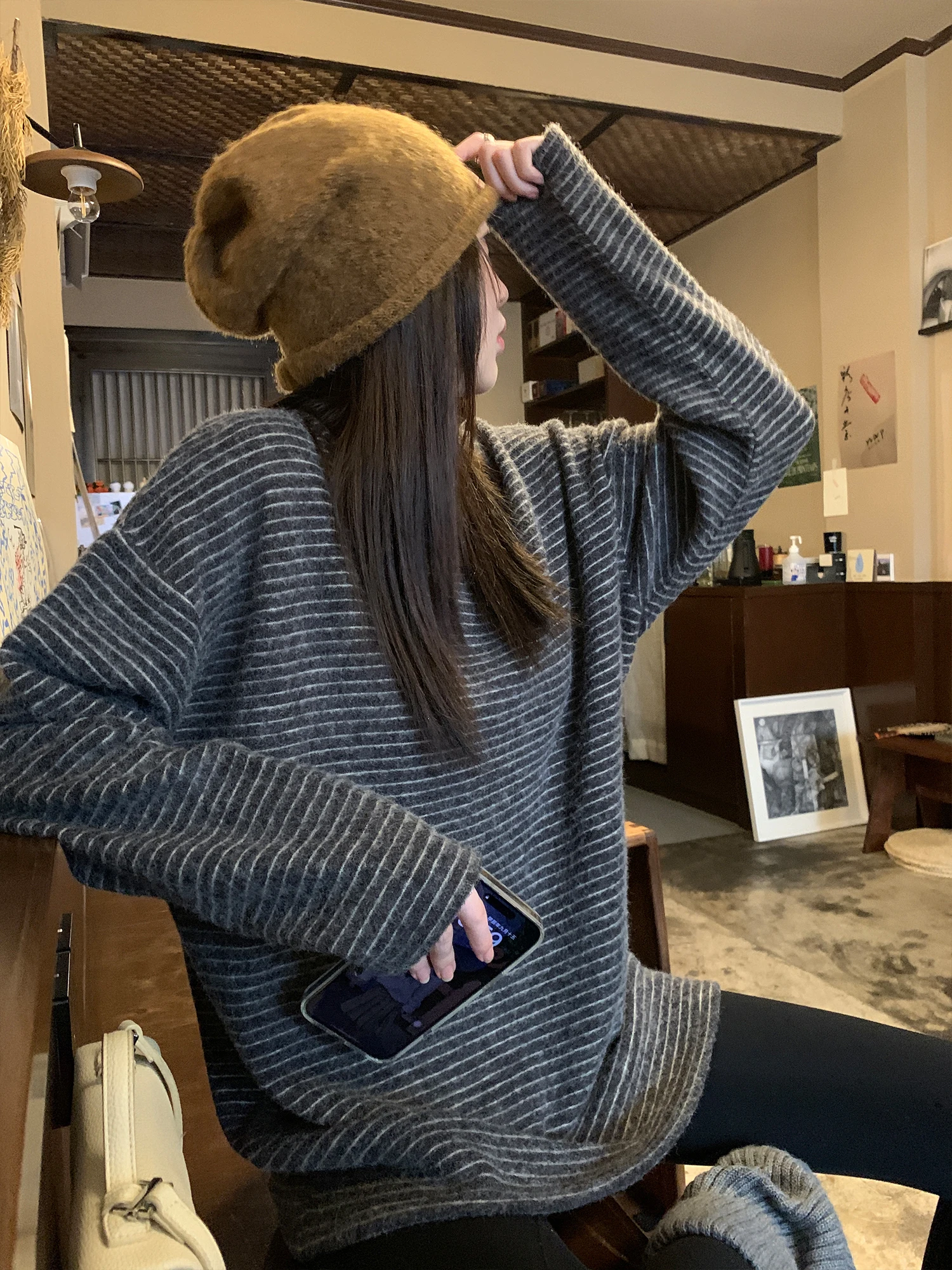 

Женская полосатая футболка Oreo 202 Long Sve Fce, свободный базовый слой, корейская версия, осень-зима