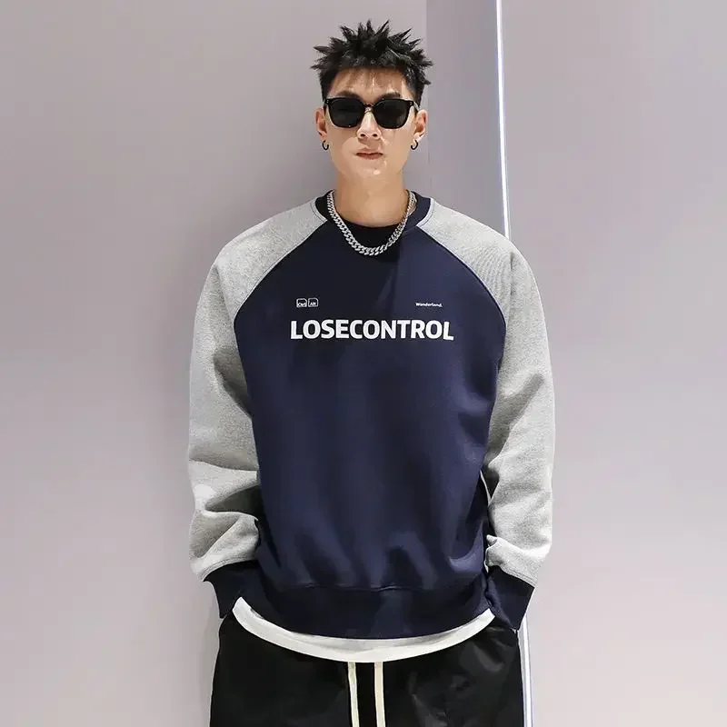 

Men's Clothing Pullover Hoodieless Sweatshirts for Man Crewneck Letter Top Round Neck Spliced Sweat Shirt One Piece Streetwear