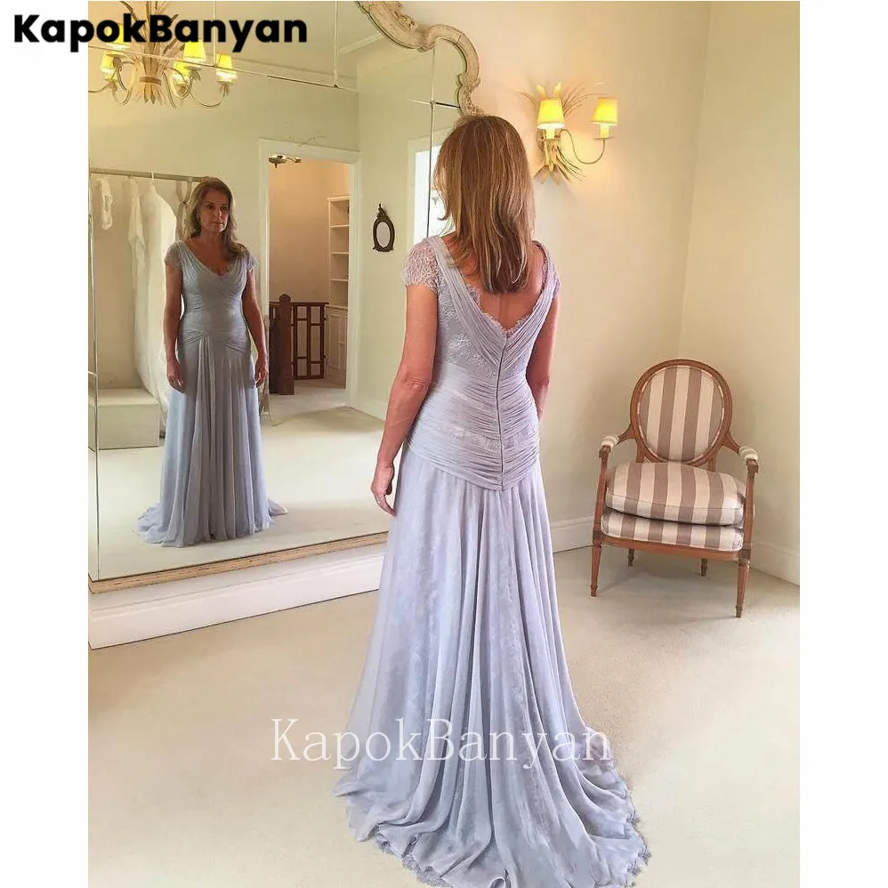 Chiffon Kant V-hals V-rug Rits Lange Moeder van de Bruid Jurk A-lijn Sweep Trein Feestjurk voor Dames