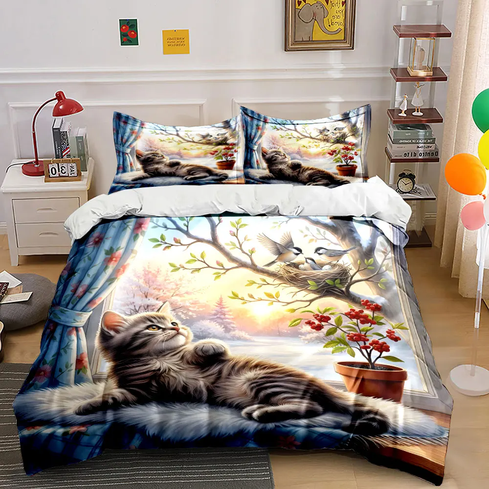 Cat by Window and Nest Bedding Set for Kids Luxury Gift 3pcs Digital Print Comforter Set Soft Comfortable Breathable
