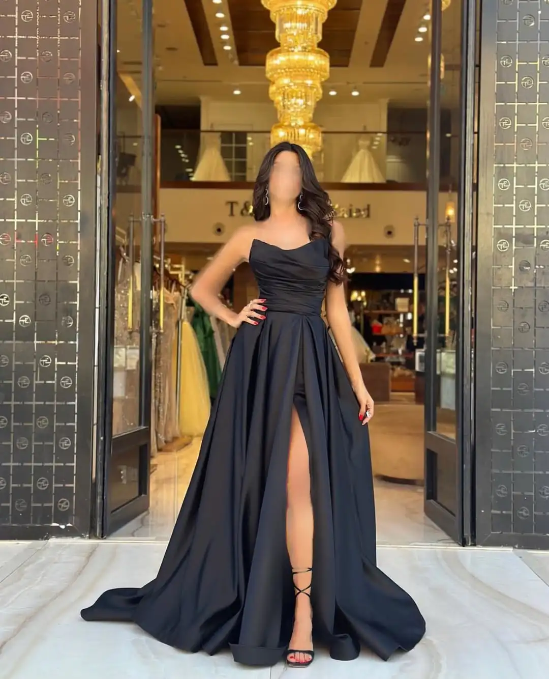 

Customized Elegant Long Party Dresses Woman Black SatinPleat Cocktail Party Strapless A Line Dresses