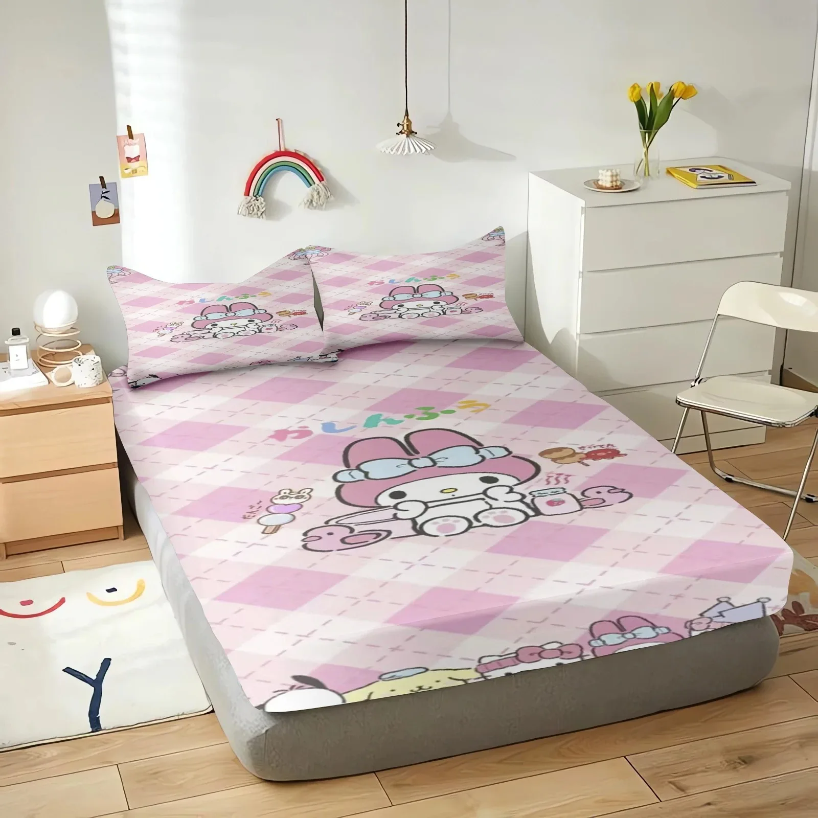 Disney Mymelody Bed Linen,Single/Queen/King Fitted Bed Sheet  Anime Fitted Sheet,with Elastic Band Bedroom Decor Gift