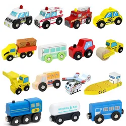 Tren de madera de juguete para niños, camión de bomberos, coche de policía, ambulancia, Compatible con vía de tren de Thomas