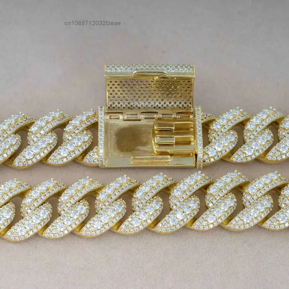 Luxury 18mm 20mm Silver 925 Men 3 Row Moissanite Hip Hop Cuban Chain Necklace.
