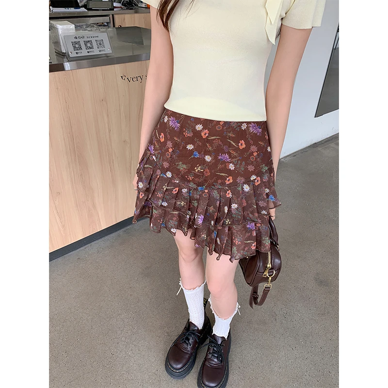 GAODINGLAN High Waist American Vintage Women Skirts Summer A Line Floral Print Sexy Skirt Pure Desire Spicy Girl Brown Skirts