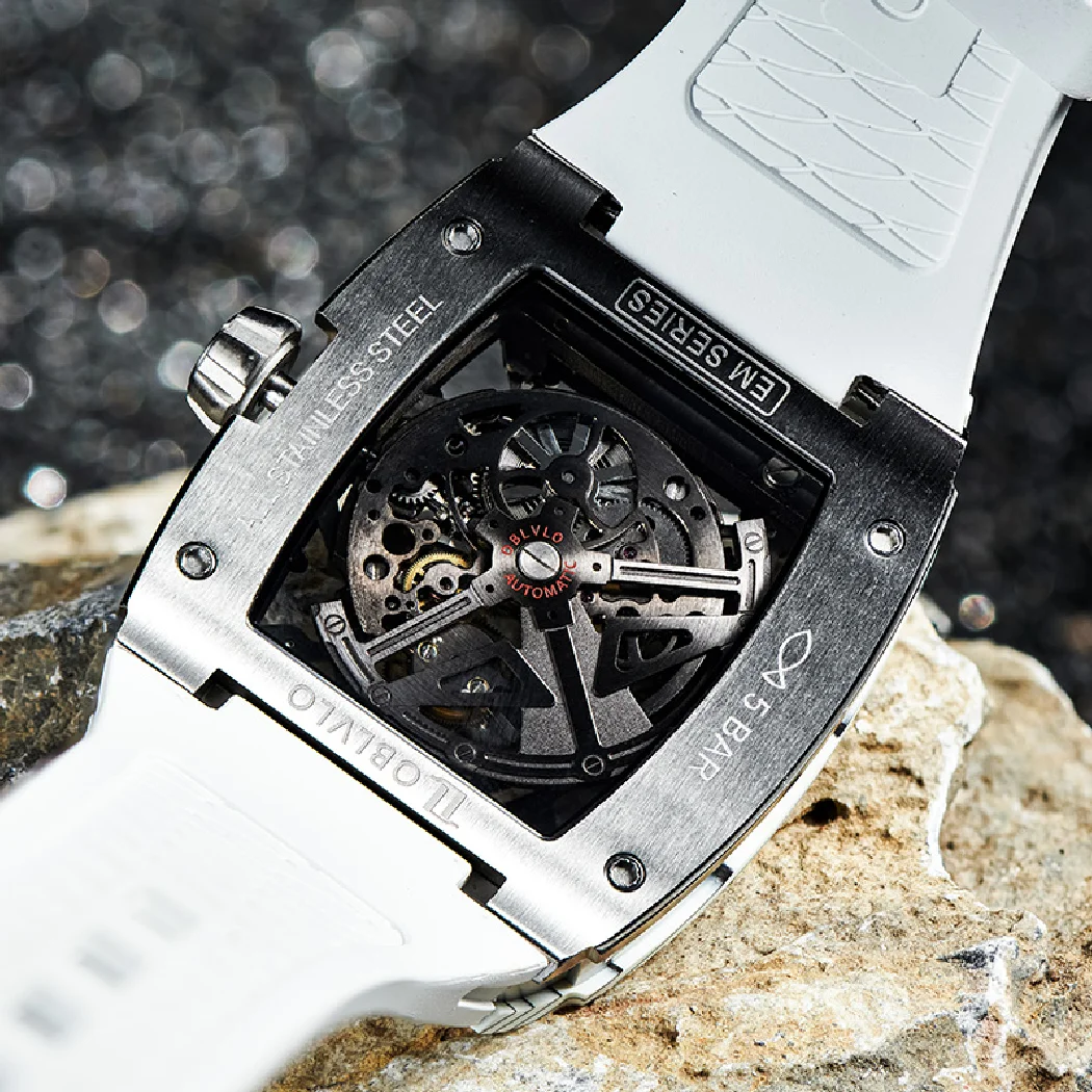 Oblvlo Tourbillon เคสคาร์บอนไฟเบอร์เรืองแสงทรงถังไวน์แบบนาฬิกาข้อมือผู้ชาย EM-RT Tali Jam Tangan karet