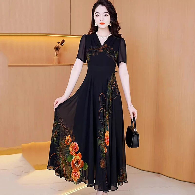 

Beach Vacation Dress Women Clothing Summer 2024 New Mother's V-Neck Fashion Party Vestidos High Waist Print Dresses Oversize 5XL