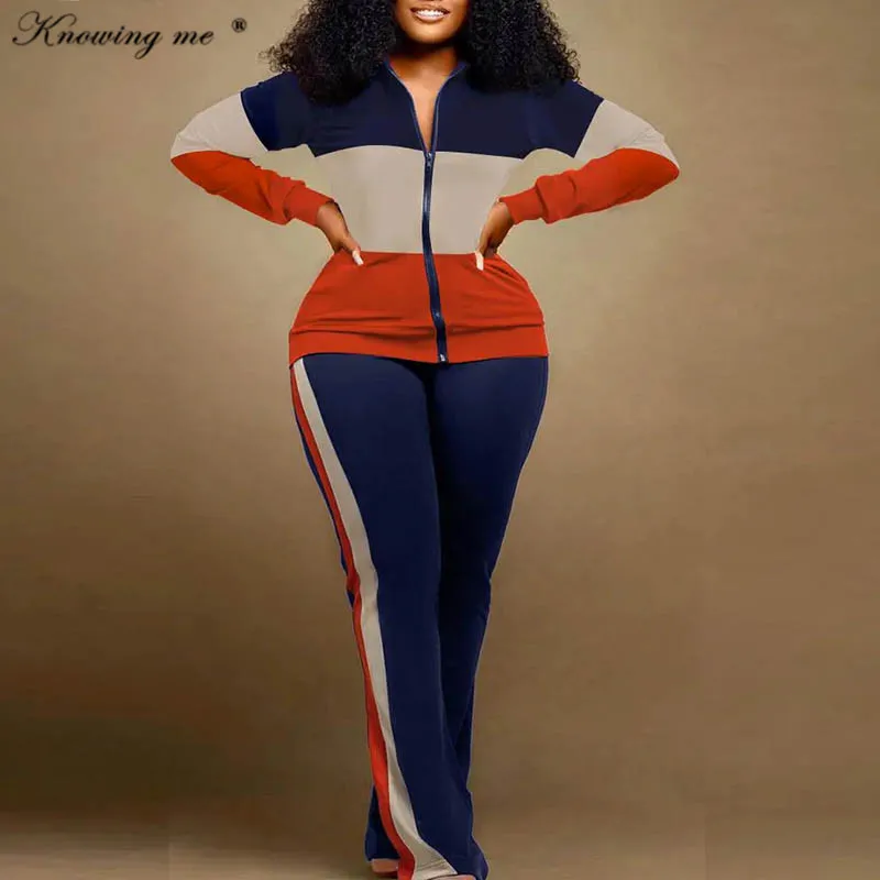 

New Women's Two Piece Set Autumn Patchwork Zipper Jacket Top+Slim Long Pants tracksuit set Elegant Fashion printed outfit set