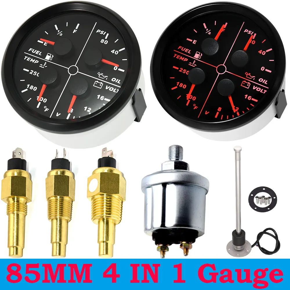 85mm Water Temperature Gauge 100-250℉ 4 IN 1 Multi-function Gauge Fuel Level Gauge Oil Pressure Voltmeter with Red Backlight