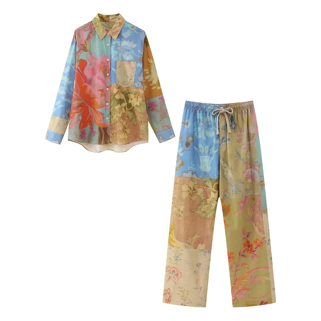 Vintage Tie Dye Print Women Suit Single Breasted Blouse Straight Long Loose Pants New Fashion Summer Boho Blouse and Pants Sets