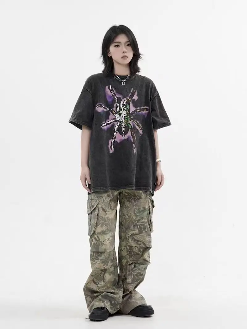 High Street Washed T-shirts for Women and Men Vintage Short Sleeved Tshirt Loose Retro Top Niche Design Half Sleeve Ins Trend T
