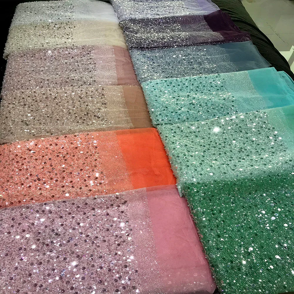 Multicolor Bright Glitter Tulle French Net Beaded Sequin Lace Fabric with Pearl High Quality Women Evening Dress Sewing Material