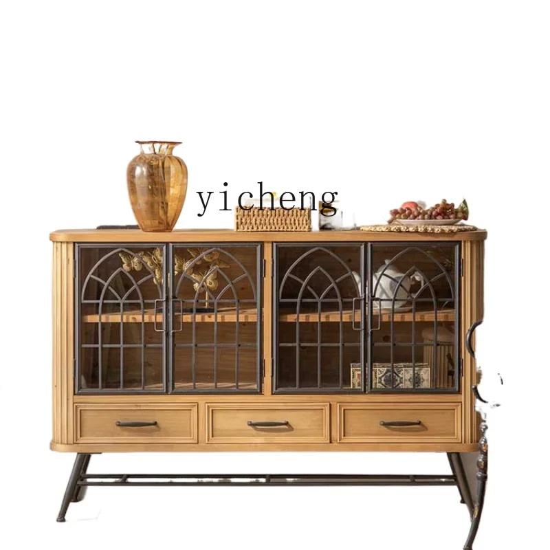 ZK Retro Solid Wood Entrance Cabinet Wrought Iron Sideboard Cabinet Living Room TV Coffee Table Floor Flower Combination