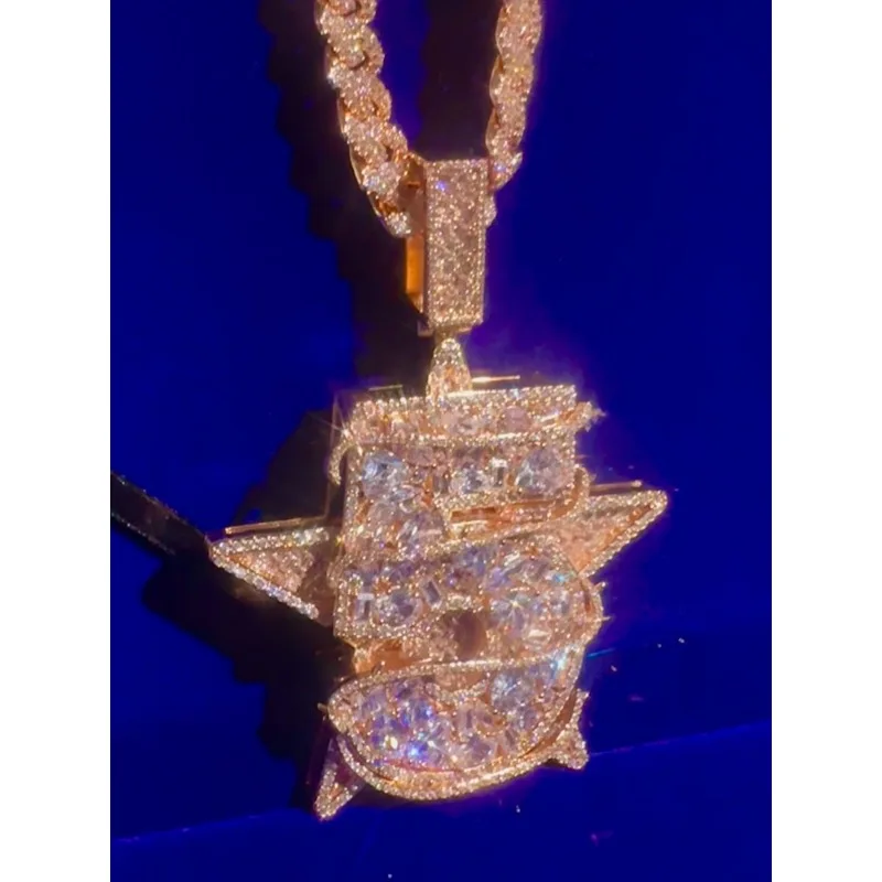 Lucky Number 5 Full Diamond Pentagram Pendant, Rose Gold Hip Hop Internet Celebrity Necklace Pendant
