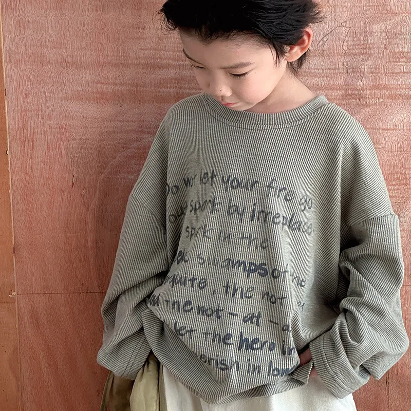 Children Clothing Kids T Shirt 2024 Spring Top Letter Printed Retro Cool Round Neck Long Sleeve Korean Style Casual Simple Top