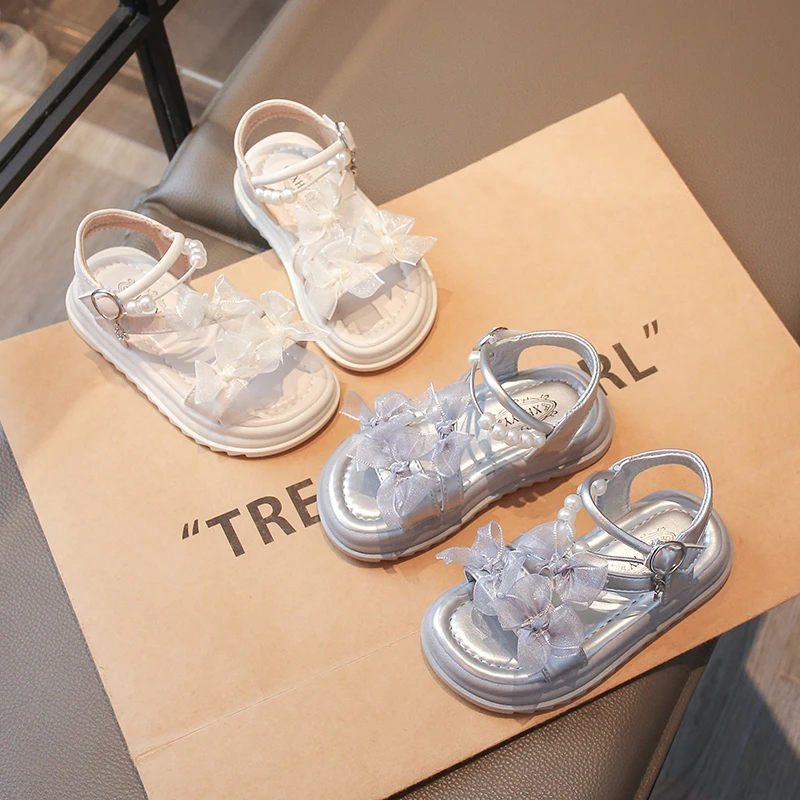 Girls Summer Princess Sandals Mesh Bow-knot Pearls Decoration Non-slip Soft Sole Open Toe Kids Shoes for Toddlers Little Girls