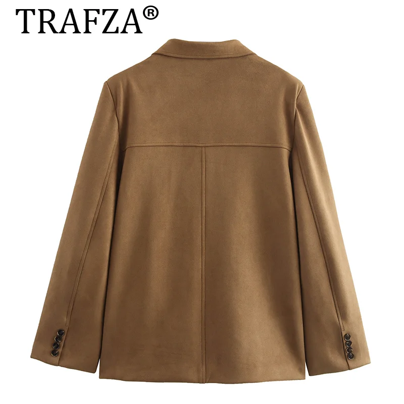 TRAFZA Suede Blazer Woman 2024 Atumn Jacket Single-Breasted Fitting Blazer Women Streetwear Casual Woman Blazers Coat