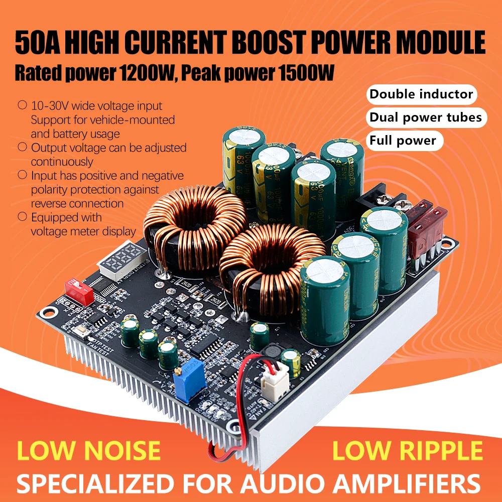 ZK-PW1200 50A Boost Power Supply Module DC 10-30V To 50V, 1200W, Audio Amplifier Converter With Dual Inductors, LCD Display
